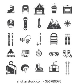 Winter sports and fun outline icon collection. Winter resort pictogram set. Outdoor winter activity lifestyle concept icons. Snowboarding, skiing and skating elements for web and applications.