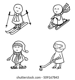 Winter sports. Funny doodle characters. Vector illustration.