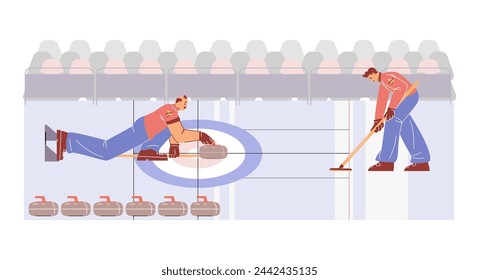 Winter sports in the game of curling. Detailed vector illustration shows characters pushing stones and sweeping ice in a curling stadium. Designed for sports-themed graphic materials.