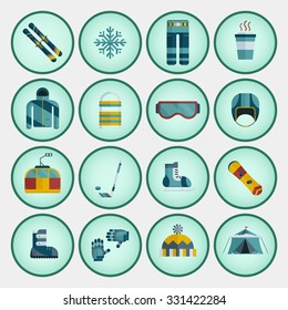Winter sports gear collection. Winter outdoor icons set flat design. Extreme activity winter games icons. Snowboard suit, funicular, ski equipment. Winter active games gear icons.