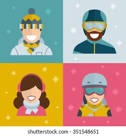 Winter sports guy and girl icons. Boarder man and woman winter activity people look in snowboard jacket, goggles, helmet. Snowboarder happy kid smiling avatars.