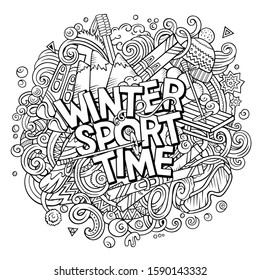 Winter Sports hand drawn cartoon doodles illustration. Funny objects and elements poster design. Cold season outdoor activities elements and objects cartoon background.