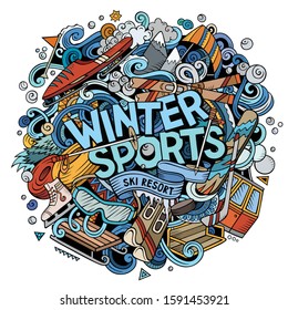Winter Sports hand drawn cartoon doodles illustration. Funny objects and elements poster design. Cold season outdoor activities elements and objects cartoon background.
