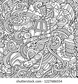 Winter sports hand drawn doodles seamless pattern. Ski resort background. Cartoon cold season outdoor activities print design. Line art vector illustrations