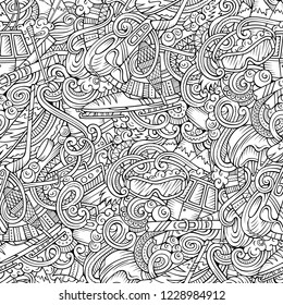 Winter sports hand drawn doodles seamless pattern. Ski resort background. Cartoon cold season outdoor activities print design. Line art vector illustrations
