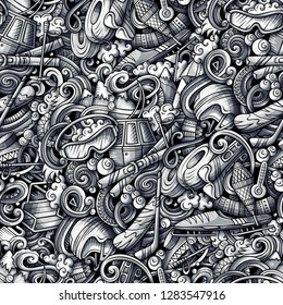 Winter sports hand drawn doodles seamless pattern. Ski resort background. Cartoon cold season outdoor activities print design. Toned vector illustrations