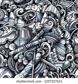 Winter sports hand drawn doodles seamless pattern. Ski resort background. Cartoon cold season outdoor activities print design. Toned vector illustrations