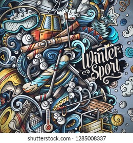 Winter sports hand drawn vector doodles illustration. Ski resort frame card design. Cold season outdoor activities elements and objects cartoon background. Bright colors funny border