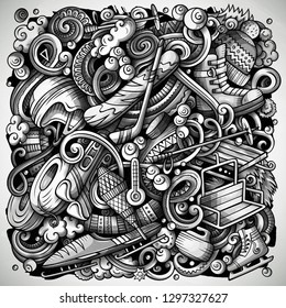 Winter Sports hand drawn vector doodles illustration. Ski resort poster design. Cold season outdoor activities elements and objects cartoon background. Monochrome funny picture