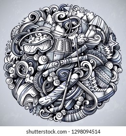 Winter Sports hand drawn vector round doodles illustration. Ski resort poster design. Cold season outdoor activities elements and objects cartoon background. Monochrome funny picture