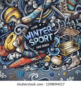 Winter sports hand drawn vector doodles illustration. Ski resort frame card design. Cold season outdoor activities elements and objects cartoon background. Bright colors funny border