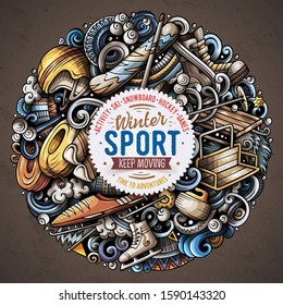 Winter Sports hand drawn vector doodles illustration. Ski resort poster design. Cold season outdoor activities elements and objects cartoon background. Bright colors funny picture