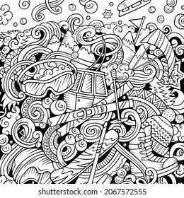 Winter sports hand drawn vector doodles illustration. Ski resort frame card design. Cold season outdoor activities elements and objects cartoon background. Line art funny border