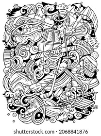 Winter Sports hand drawn vector doodles illustration. Ski resort design. Cold season outdoor activities elements and objects cartoon background. Line art funny picture