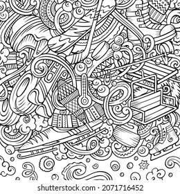 Winter sports hand drawn vector doodles illustration. Ski resort frame card design. Cold season outdoor activities elements and objects cartoon background. Line art funny border