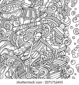 Winter sports hand drawn vector doodles illustration. Ski resort frame card design. Cold season outdoor activities elements and objects cartoon background. Line art funny border
