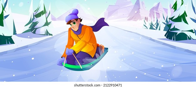 Winter sports, happy man having fun riding on sleds downhill during wintertime holidays. Outdoors activity, vacation spare time on ski resort, male character sledding, Cartoon vector illustration