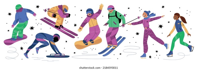 Winter sports. Happy young sportsmen. Skiers and snowboarders. Ice and snow skating. Cartoon funny athletes in gear. Bobsledders and skaters. People activities. Athletic competition. Garish vector set