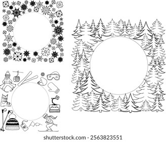 winter sports holidays circle in square frame set. Snowflakes, pine tree forest, ski equipment in graphic line style illustrations. Isolated vector symbols set
