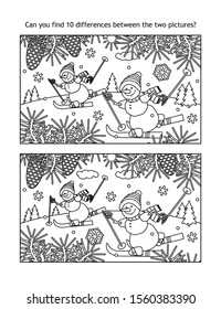 Winter sports, winter holidays, New Year or Christmas find the ten differences picture puzzle and coloring page with skiing snowmen