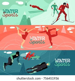 Winter sports horizontal banners with people involved in bobsled sledding alpine skiing speed and figure skating flat vector illustration   