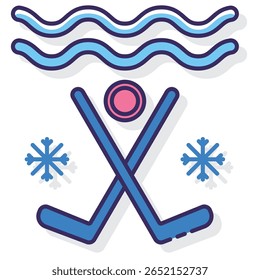 Winter Sports Icon: Crossed Hockey Sticks, Puck, Snowflakes, and