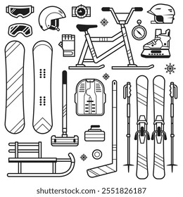 Winter sports icon set in line art. Ski, skates, snowmobile, hockey, curling, snowboard and sleds. Snow games equipment and elements outline icons. Snowboarding and skiing helmets, goggles and gloves.