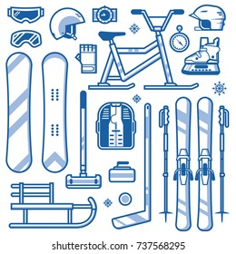 Winter sports icon set in line art. Ski, skates, snowmobile, hockey, curling, snowboard and sleds. Snow games equipment and gear outline icons. Snowboarding and skiing helmets, goggles and gloves.