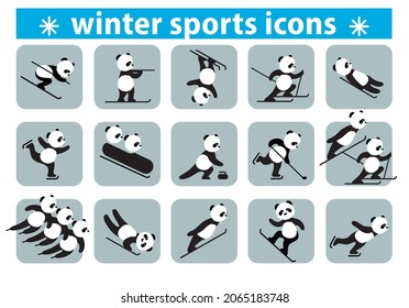 Winter sports icon set. Panda is skating, skiing, snowboarding. Vector.