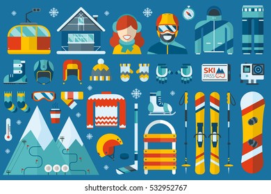 Winter sports icon set. Skiing, snowboarding and other snow activities vector objects. Snowboard equipment with ski resort elements in flat design.