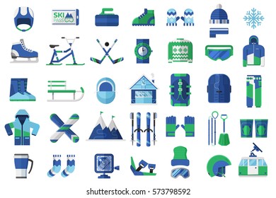 Winter sports icon set with skiing and snowboarding elements in flat design.