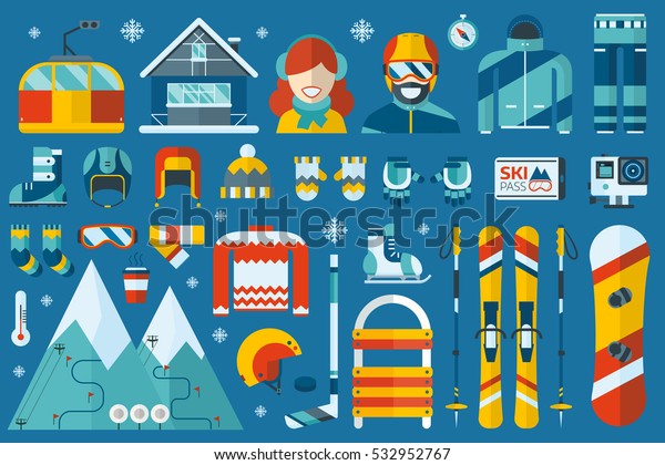 Winter sports icon set. Skiing, snowboarding\
and other snow activities vector objects. Snowboard equipment with\
ski resort elements in flat\
design.
