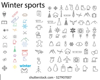 winter sports, icons, hockey, sled, snow mask, skates, hats, mittens, mountains, washer, boots, skis, snowflakes
