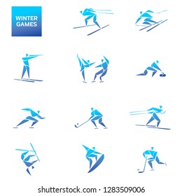 Winter sports icons. Winter Universiade Krasnoyarsk 2019, Nordic World Ski Championships Seefeld 2019 pictogram for web, print and other projects. Vector illustration isolated on a white backgraund