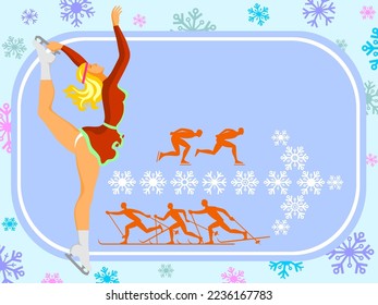 Winter sports illustration. Figure skating, speed skating, skiing sport
