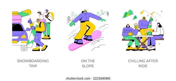 Winter sports isolated cartoon vector illustrations set. Group of diverse friends prepare vacation, snowboarding trip, riding down the slope, outdoor winter activitiy, adventure park vector cartoon.