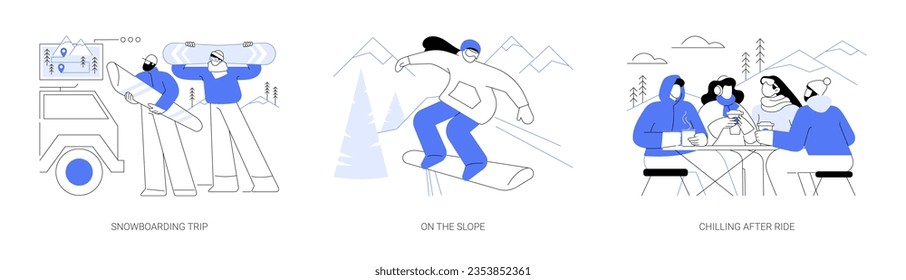 Winter sports isolated cartoon vector illustrations set. Group of diverse friends prepare vacation, snowboarding trip, riding down the slope, outdoor winter activitiy, adventure park vector cartoon.