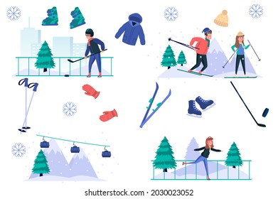 Winter sports isolated elements set. Bundle of men and women skiing, skating, playing hockey, funicular works, equipment for activities. Creator kit for vector illustration in flat cartoon design