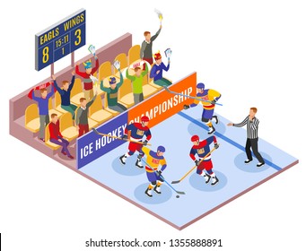 Winter sports isometric composition illustrated ice hockey championship with players on field and spectators in fan zone  vector illustration