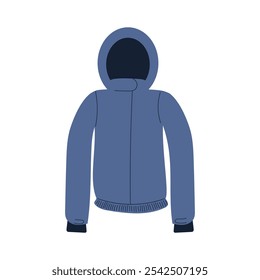 Chaqueta deportiva de invierno con capucha como parte del traje. Ilustración vectorial dibujada a mano en estilo plano. Traje de esquí de montaña de invierno parte en color azul para el Clima frío. Chaqueta impermeable y a prueba de viento