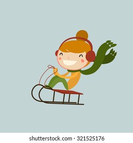 winter sports kids. girl sledging.  vector illustration