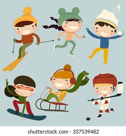 Winter Sports Kids Vector Set. Skiing Boy. Ice Skating Girl. Boy With Snowball. Snowboarding Girl. Sledding Girl. Hockey Player Boy