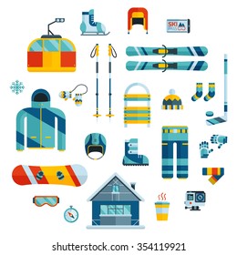 Winter Sports Kit Pictogram Collection. Winter Resort Icon Set. Outdoor Winter Activity Flat Icons. Winter Sports Gear. Snowboarder Jacket, Board, Action Camera, Wear And Item Web Icons