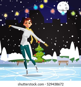 Winter sports. Lady Figure Skating. Woman skating at the rink in the evening. Flat cartoon vector illustration