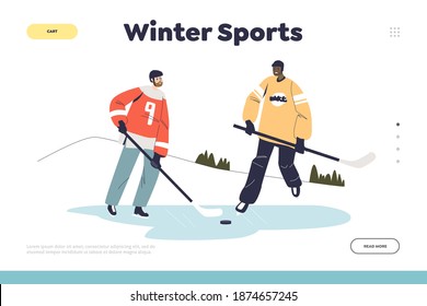 El concepto de la página de inicio de los deportes de invierno con dos hombres en uniforme deportivo juegan al hockey sobre hielo. Plantilla de actividad al aire libre de invierno. Ilustración vectorial plana