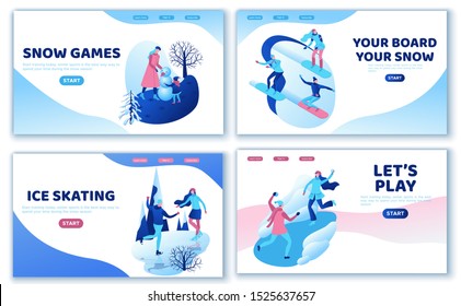 Winter sports landing page template set, ski, snowboard, people together, ui design layout, ice skating simple family, isometric minimal people illustration, vector sport, skating rink, tubing