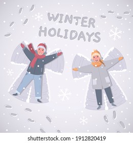 Winter sports leisure activity cartoon composition with doodle human characters lying on snow with editable text vector illustration