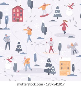 Winter sports leisure activity cartoon pattern with images of snowy trees houses and people doing sports vector illustration