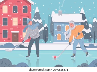 Winter sports leisure activity cartoon composition with outdoor scenery living houses with men playing hockey outdoors vector illustration