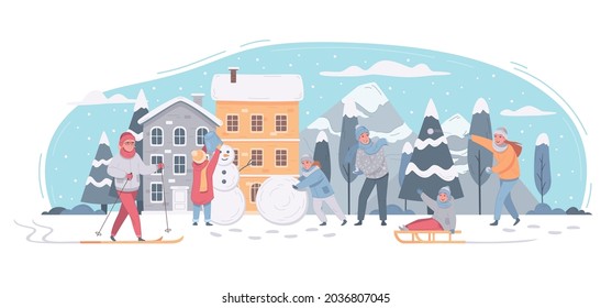 Winter sports leisure activity composition with horizontal cityscape town houses mountains and trees with human characters vector illustration